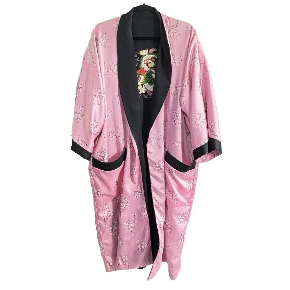 JAPANESE Women Reversible Embroidered Dragon Kimono Robe One SZ Black‎ Pink 65-3